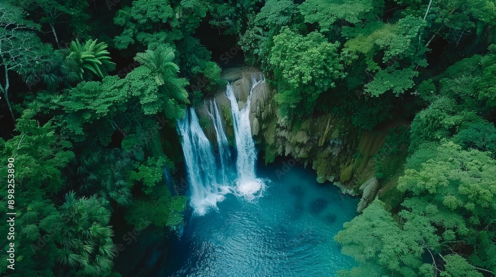 Aerial View of a Waterfall in a Lush Rainforest. Aerial View of a Waterfall in a Lush Rainforest.