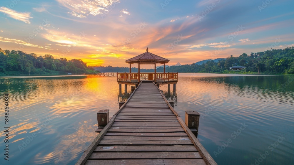 Fototapeta premium Wooden bridge leading to a gazebo on a lake at sunset.