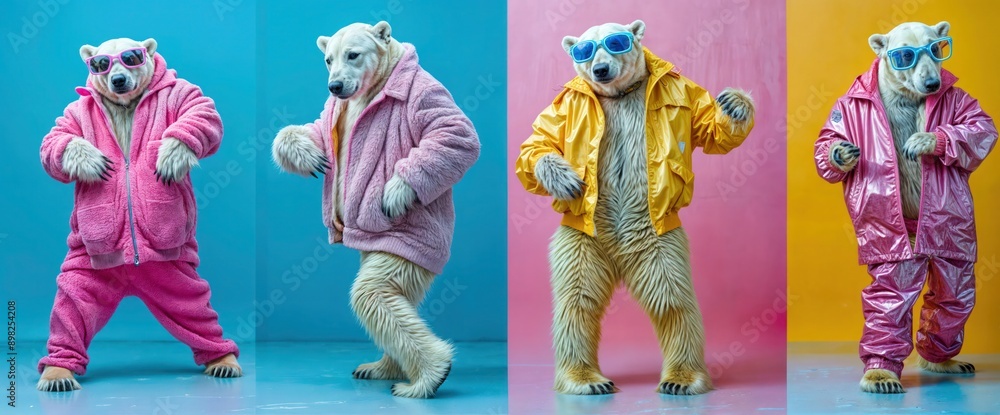Polar Bears In Colorful Outfits Dance Against Bright Backgrounds