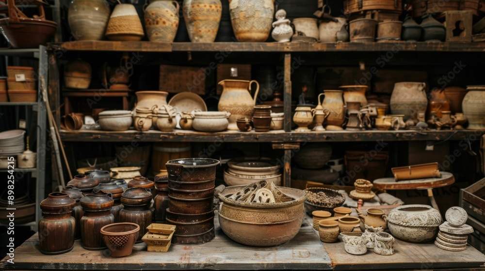 Fototapeta premium Vintage pottery and ceramic items displayed on wooden shelves