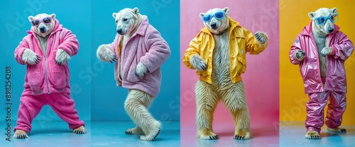 Obraz na płótnie Polar Bears In Colorful Outfits Dance Against Bright Backgrounds w salonie