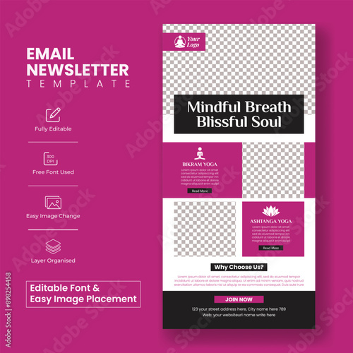 Editable email newsletter template for Yoga and meditation website UI interface or webpage header, vertical yoga poster or roll up banner, health and wellness email newsletter template
