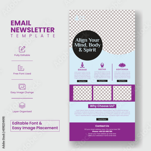  Yoga and meditation email newsletter Editable template for fitness or wellness blog page layout, suitable for yoga website UI interface or webpage header, health and wellness template design
