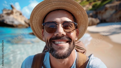 A man with a beard is smiling at the camera, wearing sunglasses and a straw hat, on a beach