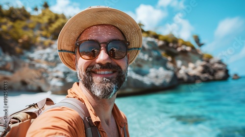 A man with a beard smiles while wearing sunglasses and a straw hat on a tropical beach