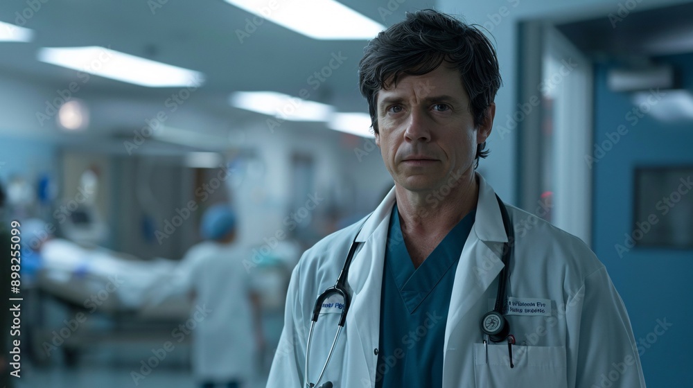 A doctor in a white coat and blue scrubs stands in a hospital hallway, looking directly at the camera A doctor in a white coat and blue scrubs stands in a hospital hallway, looking directly at the camera
