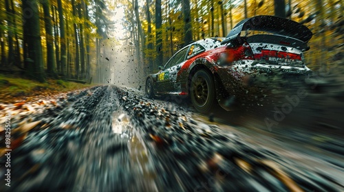 A rally car speeds through a dirt road lined with trees in an autumnal forest. The car is covered in mud and the ground is wet, with leaves scattered around