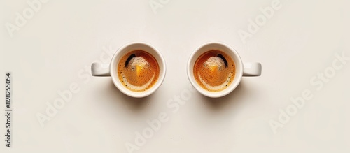 A top down view of both empty and full espresso cups set against a neutral background perfect for copy space image