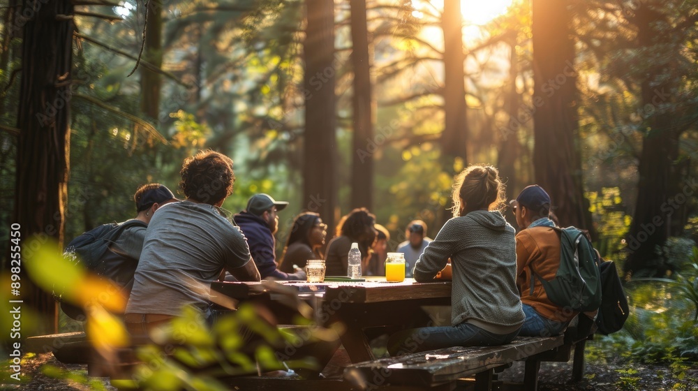 Naklejka premium Group of friends enjoying a picnic in a serene forest setting with sunlight filtering through the trees.
