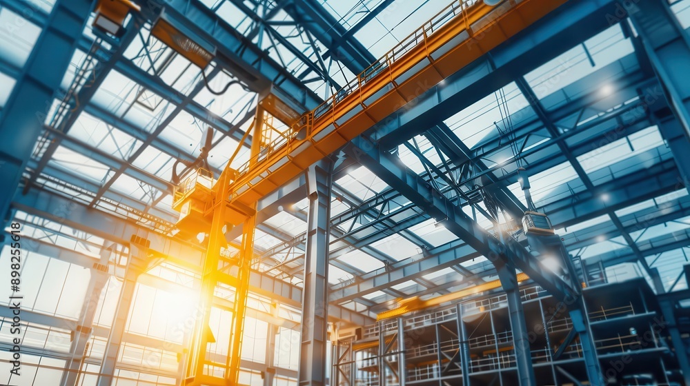 Modern industrial factory interior with large overhead crane and sunlight shining through windows. High-tech manufacturing facility setup. Modern industrial factory interior with large overhead crane and sunlight shining through windows. High-tech manufacturing facility setup.