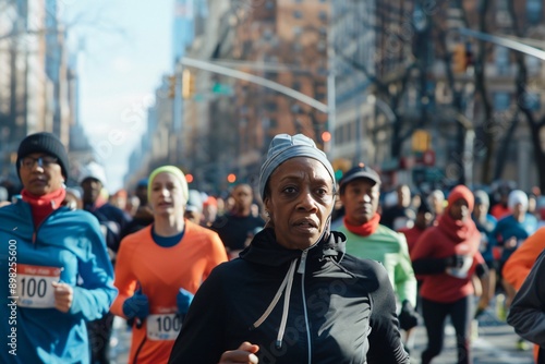 Diverse Marathon Participants Running Through NYC Streets