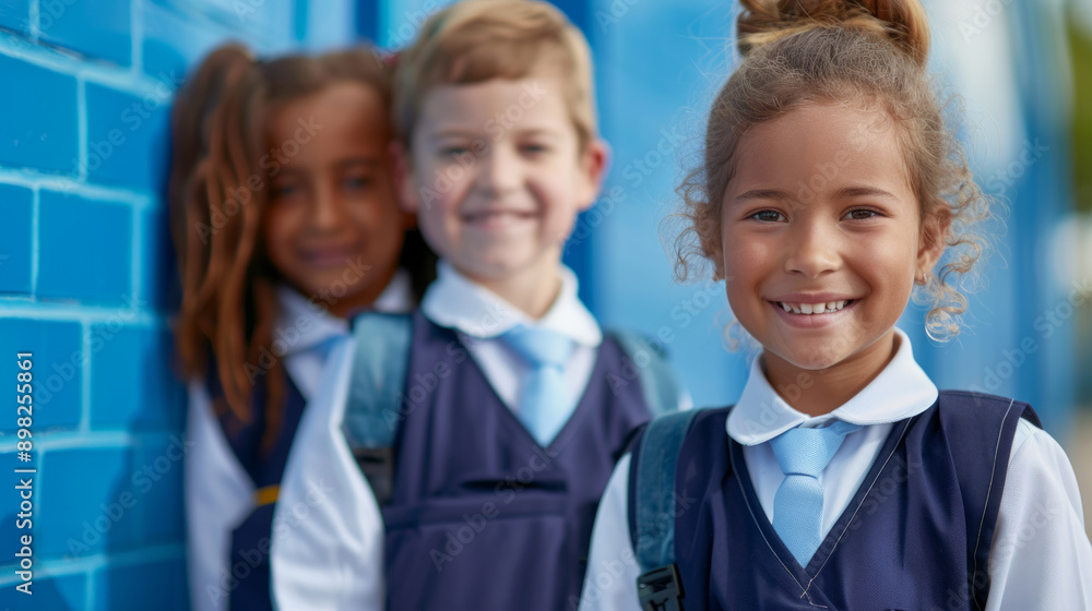 Smiling children in new school uniforms stand in front of blue wall Smiling children in new school uniforms stand in front of blue wall