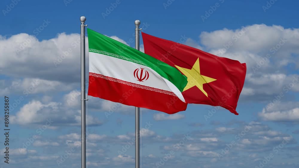 Vietnam and Iran flags flying together, video concept of the relationship Vietnam and Iran flags flying together, video concept of the relationship