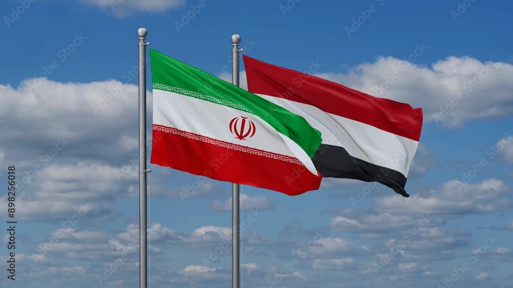 Yemen and Iran flags flying together, video concept of the relationship, two country cooperation concept Yemen and Iran flags flying together, video concept of the relationship, two country cooperation concept