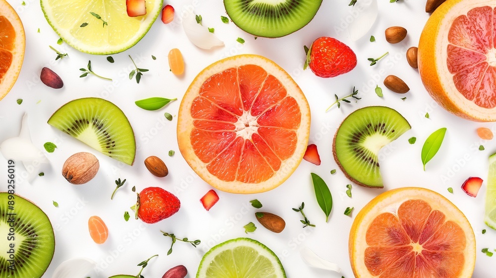 Colorful fruit slices with nuts and leaves on white background Colorful fruit slices with nuts and leaves on white background