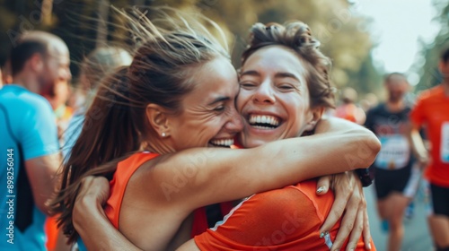 Runners Embracing in Joyful Celebration After Completing Marathon, Close-Up of Happy Faces