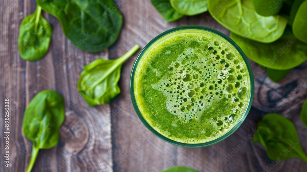 Fresh green smoothie with spinach leaves on wooden background Fresh green smoothie with spinach leaves on wooden background