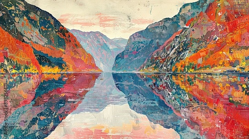 Fototapeta Naklejka Na Ścianę i Meble -    A stunning image showcasing a picturesque mountain range surrounded by a serene lake and mirrored mountains on the water surface