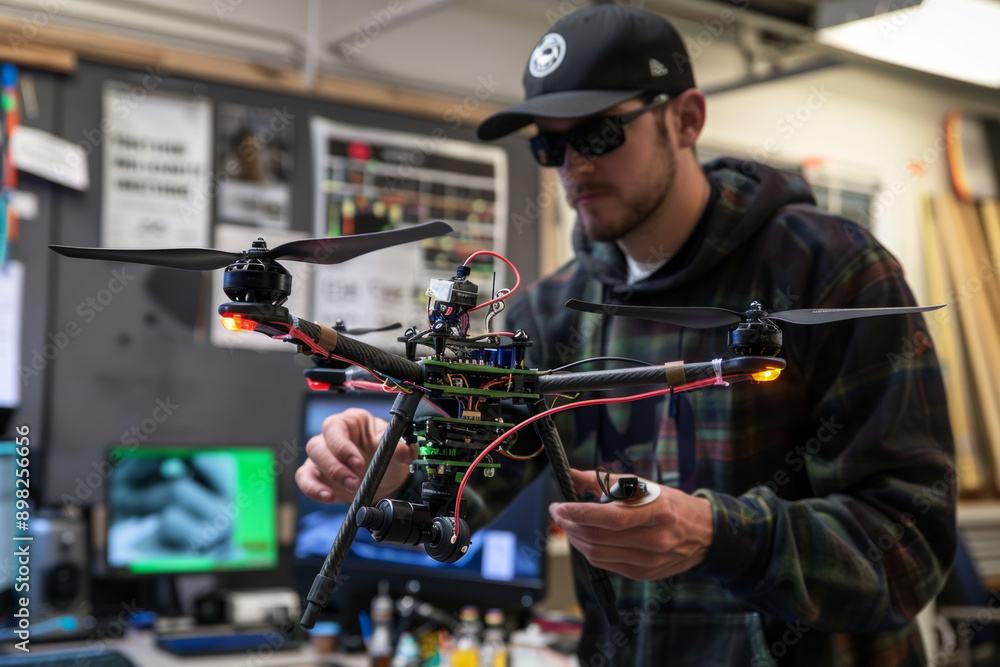 Young man working on a drone in a workshop Young man working on a drone in a workshop