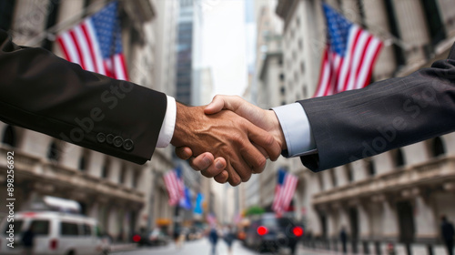 Two businessmen shake hands on wall street to seal a deal