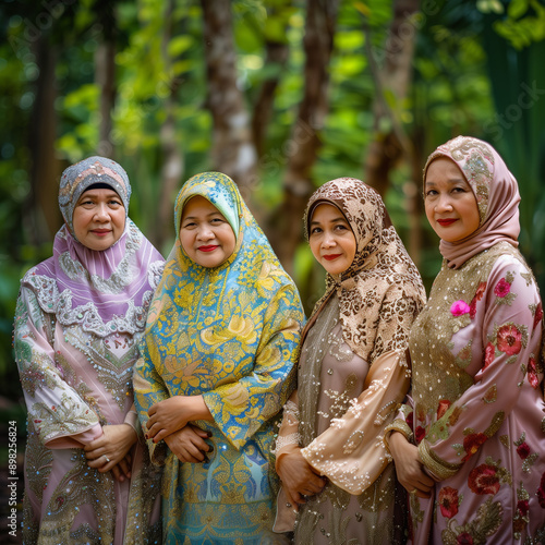 a group of mature women pose for a photo in front of trees