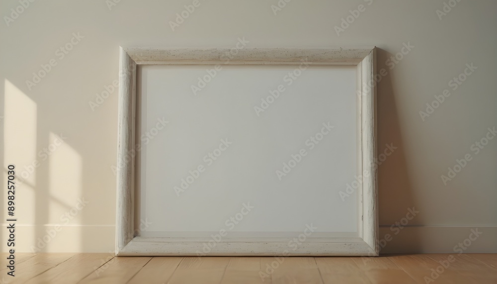 Blank White Picture Frame Mockup Leaning Against Wall with Sunlight Shadow, Minimalist Interior Decor Blank White Picture Frame Mockup Leaning Against Wall with Sunlight Shadow, Minimalist Interior Decor