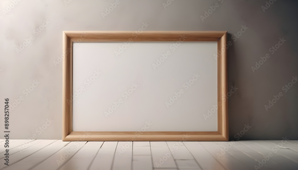 Empty wooden picture frame leaning on white floor against wall with copy space. Concept of art, gallery, minimalism, and interior design. Empty wooden picture frame leaning on white floor against wall with copy space. Concept of art, gallery, minimalism, and interior design.