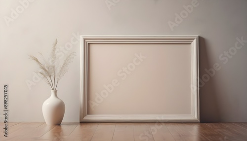 Blank white square frame mockup on floor with vase, minimalist interior design. Empty picture frame on hardwood floor for art and gallery wall concept