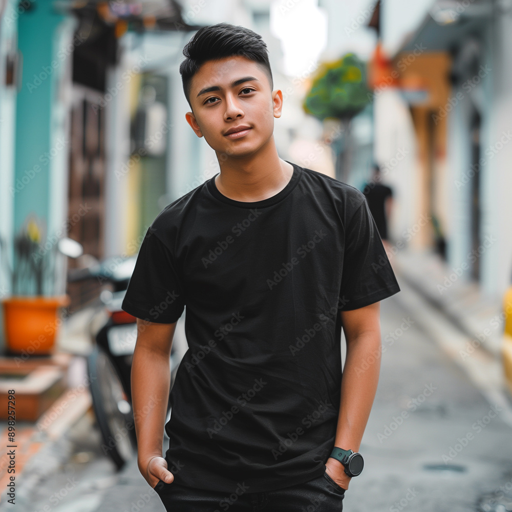 Front view young south east asian man wearing stylish black t shirt Front view young south east asian man wearing stylish black t shirt