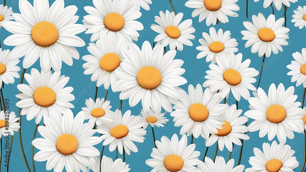 White daisies with yellow centers on blue background. Bright and cheerful floral backdrop for spring and summer designs. 5 White daisies with yellow centers on blue background. Bright and cheerful floral backdrop for spring and summer designs. 5