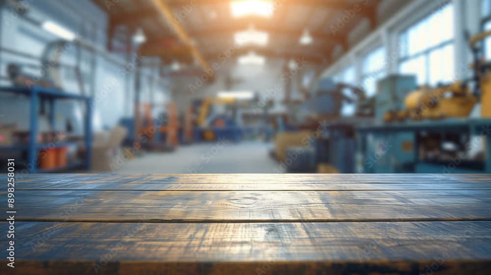 custom made wallpaper toronto digitalclose up of empty wooden table with blurred industrial workshop factory background
