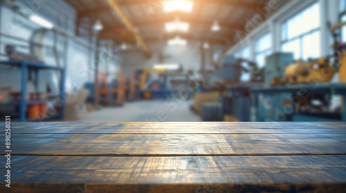 Wallpaper Mural close up of empty wooden table with blurred industrial workshop factory background Torontodigital.ca