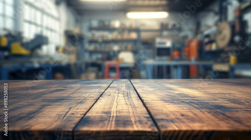 Wallpaper Mural close up of empty wooden table with blurred industrial workshop factory background Torontodigital.ca
