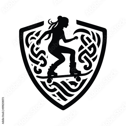 Skateboarding, longboarding  female player in celtic knot pattern illustration, emblem shield badge