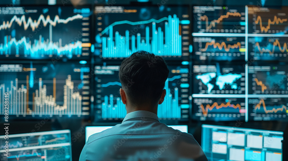 A financial analyst monitoring multiple screens of market data, representing focus and analytical skills in a high-tech environment. A financial analyst monitoring multiple screens of market data, representing focus and analytical skills in a high-tech environment.