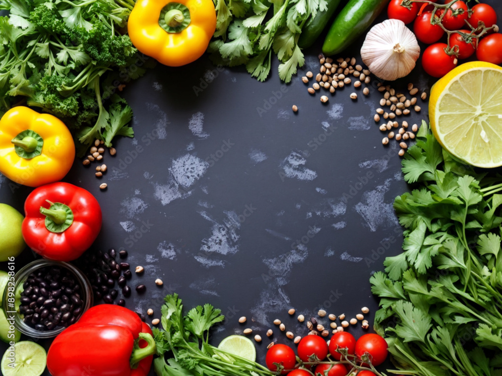 Top view of Frame of organic food on black marble background with Copy space. Fresh raw vegetables with fruits. Healthy Concept. Flat lay. close up. Top view of Frame of organic food on black marble background with Copy space. Fresh raw vegetables with fruits. Healthy Concept. Flat lay. close up.