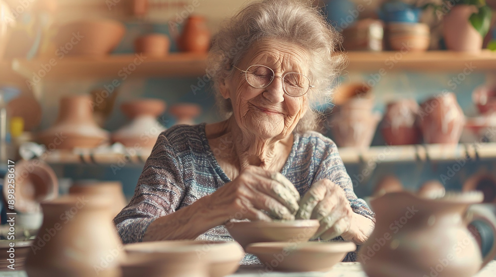 An elderly woman happily crafting pottery in a cozy studio, symbolizing creativity and lifelong learning. An elderly woman happily crafting pottery in a cozy studio, symbolizing creativity and lifelong learning.