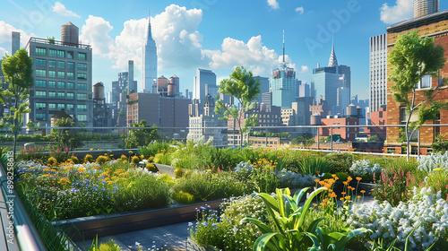 A lush rooftop garden with a city skyline in the background, highlighting urban green spaces and sustainable living.