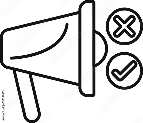 Line art icon of a megaphone with a checkmark and an x mark, representing making a decision