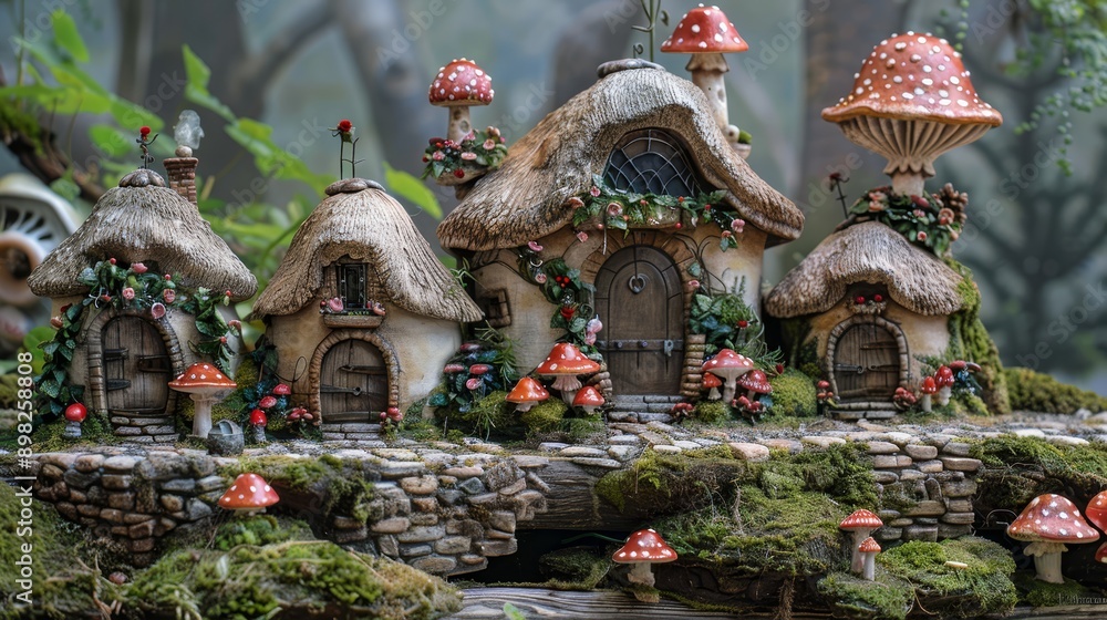 Fototapeta premium A tight shot of a cluster of miniature houses topped with mushrooms