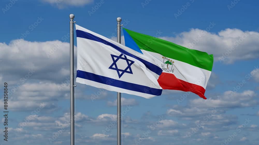 Equatorial Guinea and Israel flags flying together, video concept of the relationship, two country relations concept Equatorial Guinea and Israel flags flying together, video concept of the relationship, two country relations concept