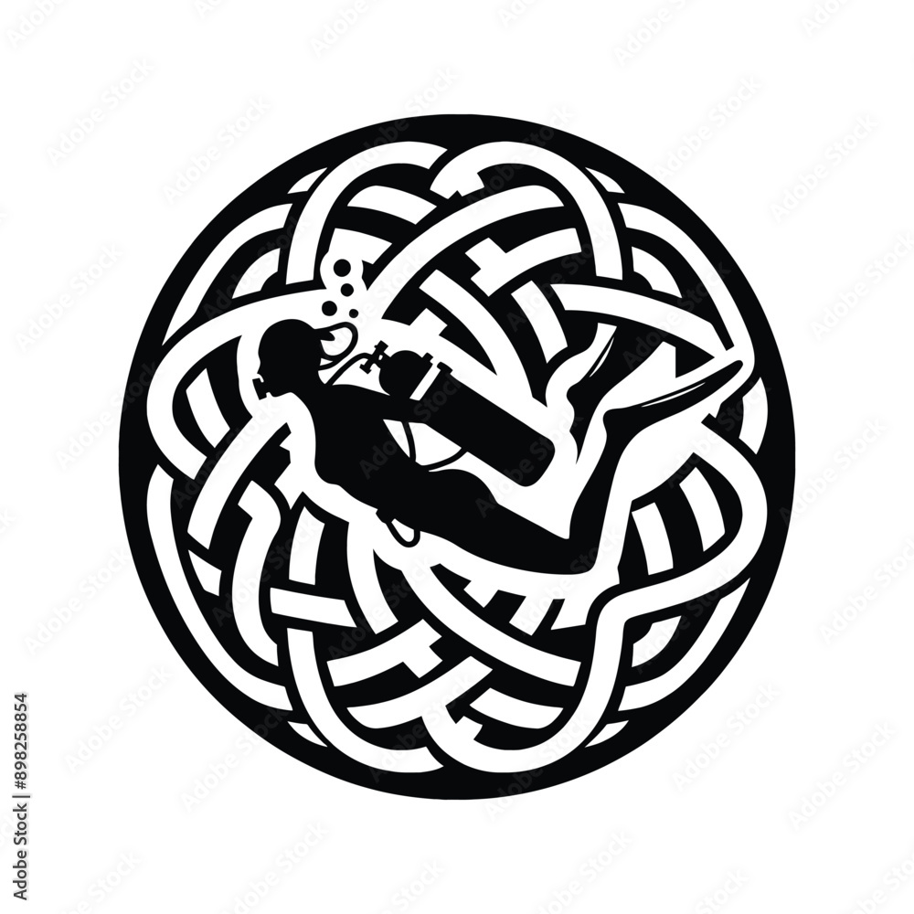 Diving, scuba female player in celtic knot pattern illustration, emblem shield badge Diving, scuba female player in celtic knot pattern illustration, emblem shield badge
