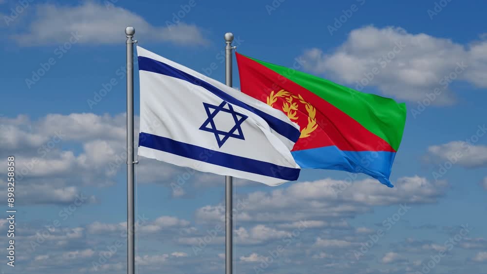 Eritrea and Israel flags flying together, video concept of the relationship, two country cooperation concept Eritrea and Israel flags flying together, video concept of the relationship, two country cooperation concept