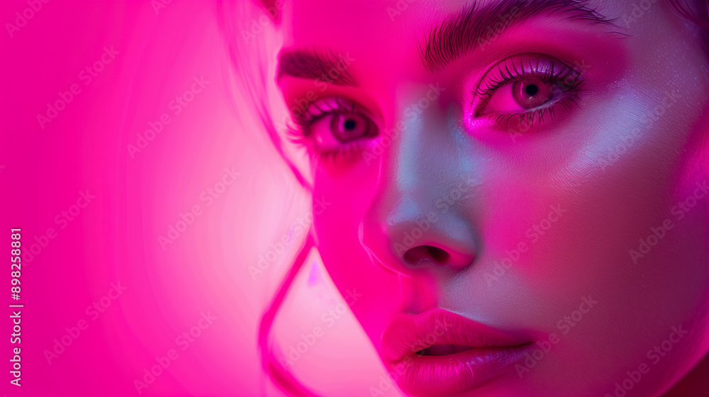 Close up portrait of stunning pretty woman with chiseled features, pink make up on pink background illuminated Close up portrait of stunning pretty woman with chiseled features, pink make up on pink background illuminated