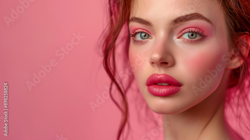 Close up portrait of stunning pretty woman with chiseled features, pink make up on pink background illuminated © Tymofii