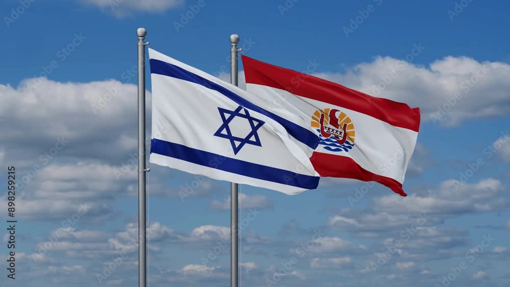 French Polynesia and Israel flags flying together, video concept of the relationship, two country relations concept French Polynesia and Israel flags flying together, video concept of the relationship, two country relations concept