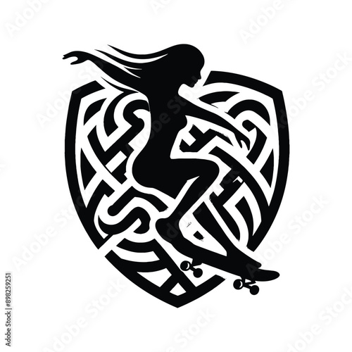Skateboarding, longboarding  female player in celtic knot pattern illustration, emblem shield badge