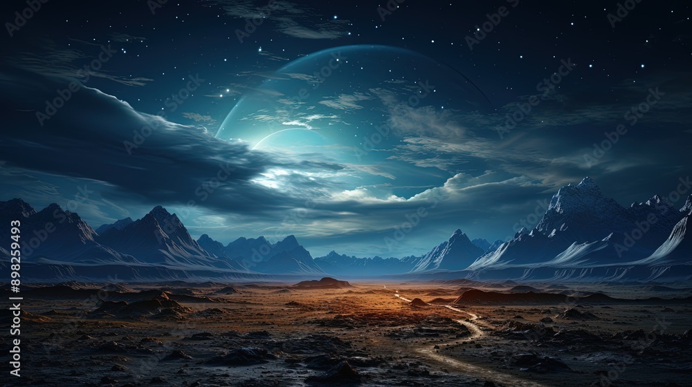 Naklejka premium A starry night sky over a remote desert landscape