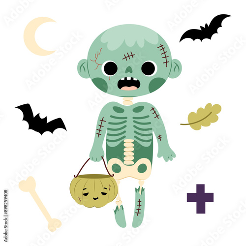 A little zombie boy with a candy basket. Trick or treat. Halloween. Set decorative elements of flat style on white background.