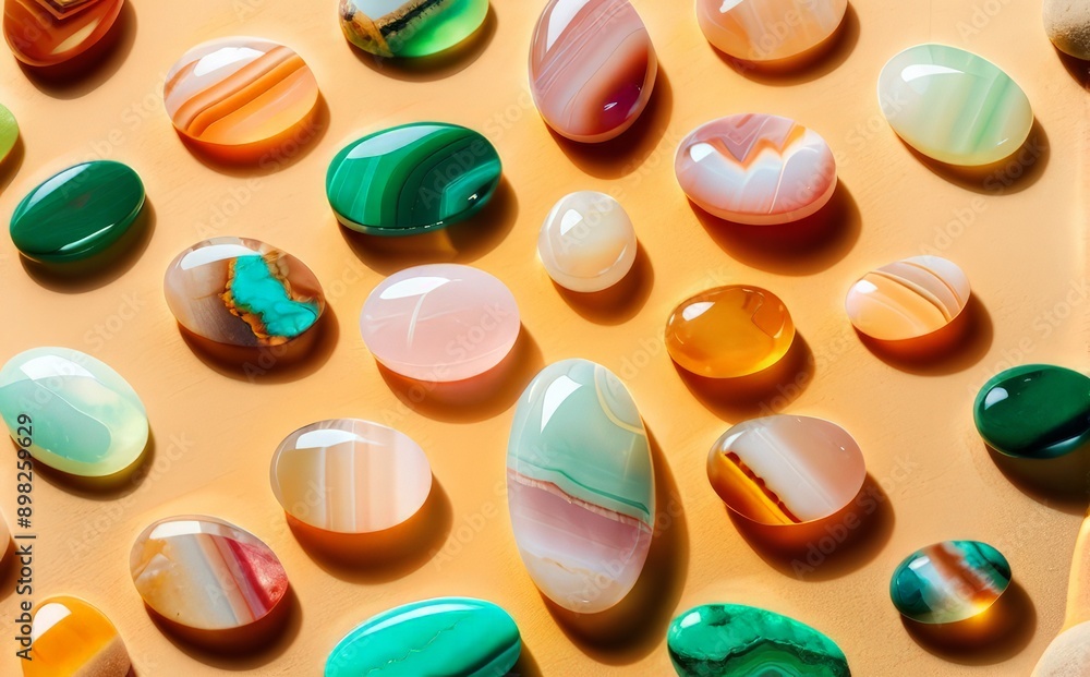 round multicolored gems on yellow sand top view, abstract background round multicolored gems on yellow sand top view, abstract background